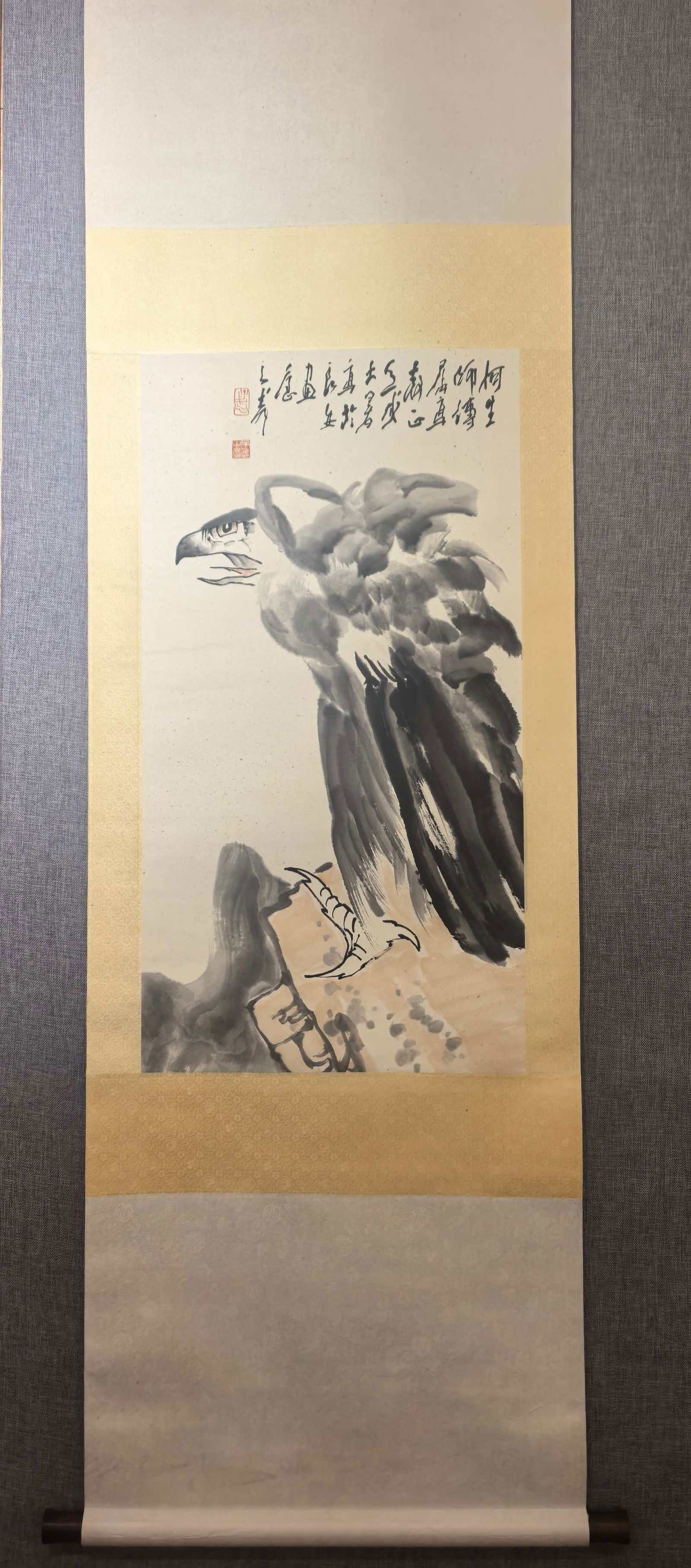 A Chinese Vertical Scroll Ink Painting of Eagles on Paper: A Chinese Vertical Scroll Ink Painting of Eagles on Paper,Modern Time of China,Wang Ziwu,Size:34.6inx18.1in 