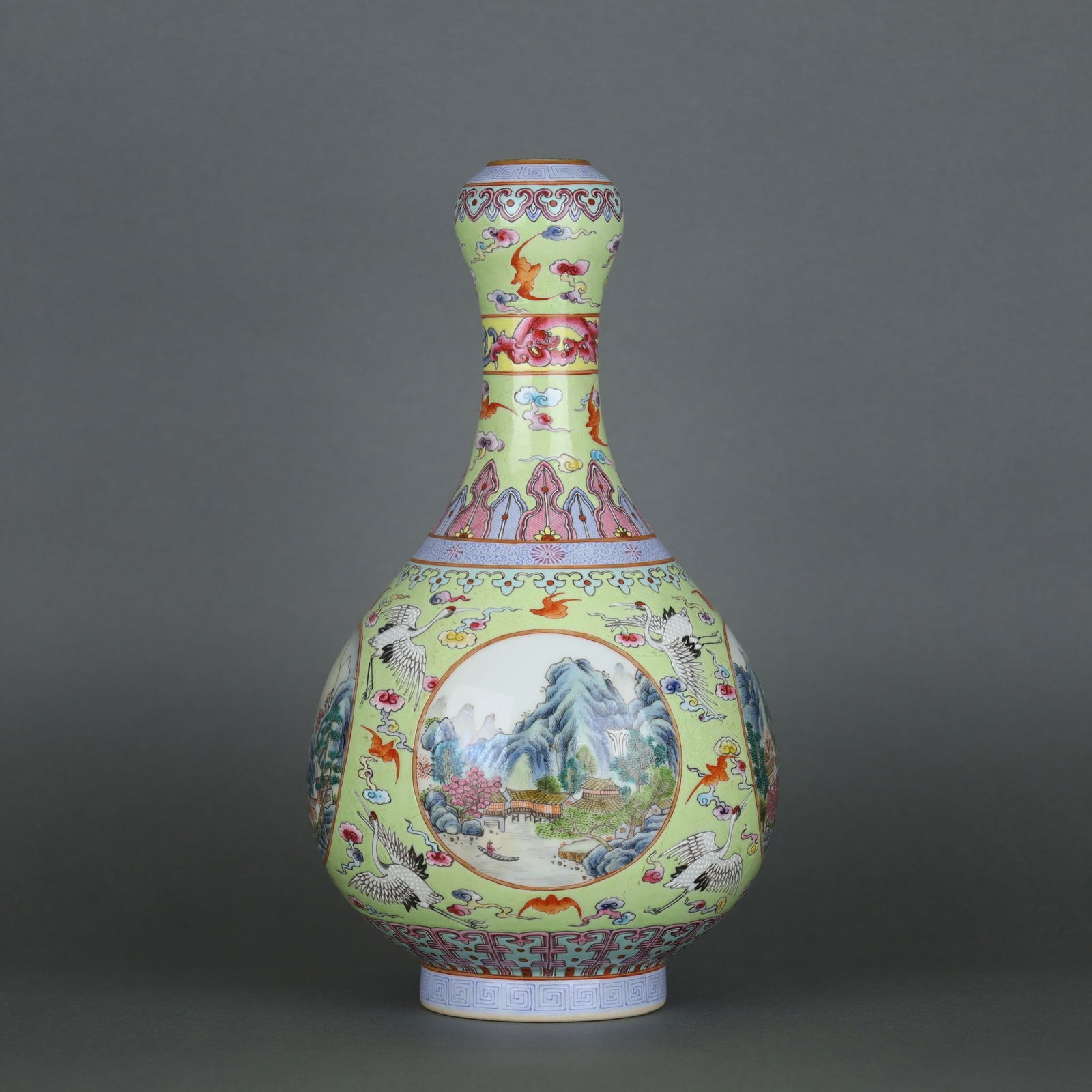 A Exquisite Green Ground Famille-Rose Landscape and Crane Pattern Vase (1 of 9)
