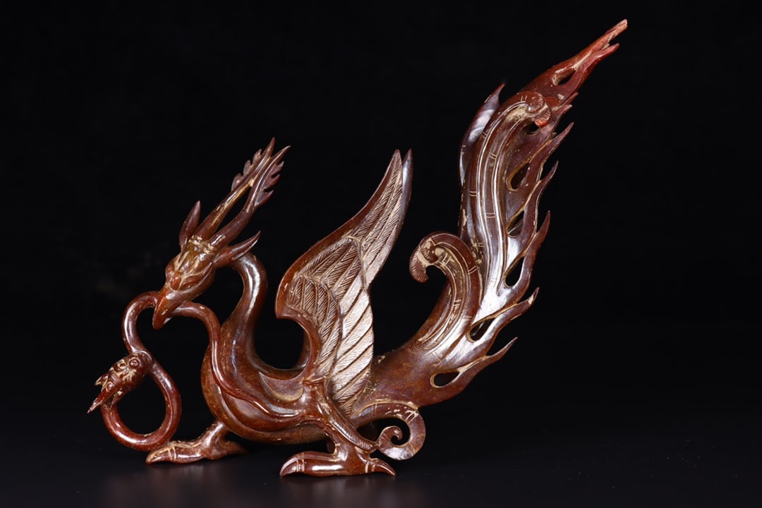 A Exquisite Hetian Jade Phoenix Ornament: A Exquisite Hetian Jade Phoenix Ornament,Han Dynasty, China,Size:8.7inx1.8inx7.1in,Weight:525g 和田玉凤摆件,中国汉代