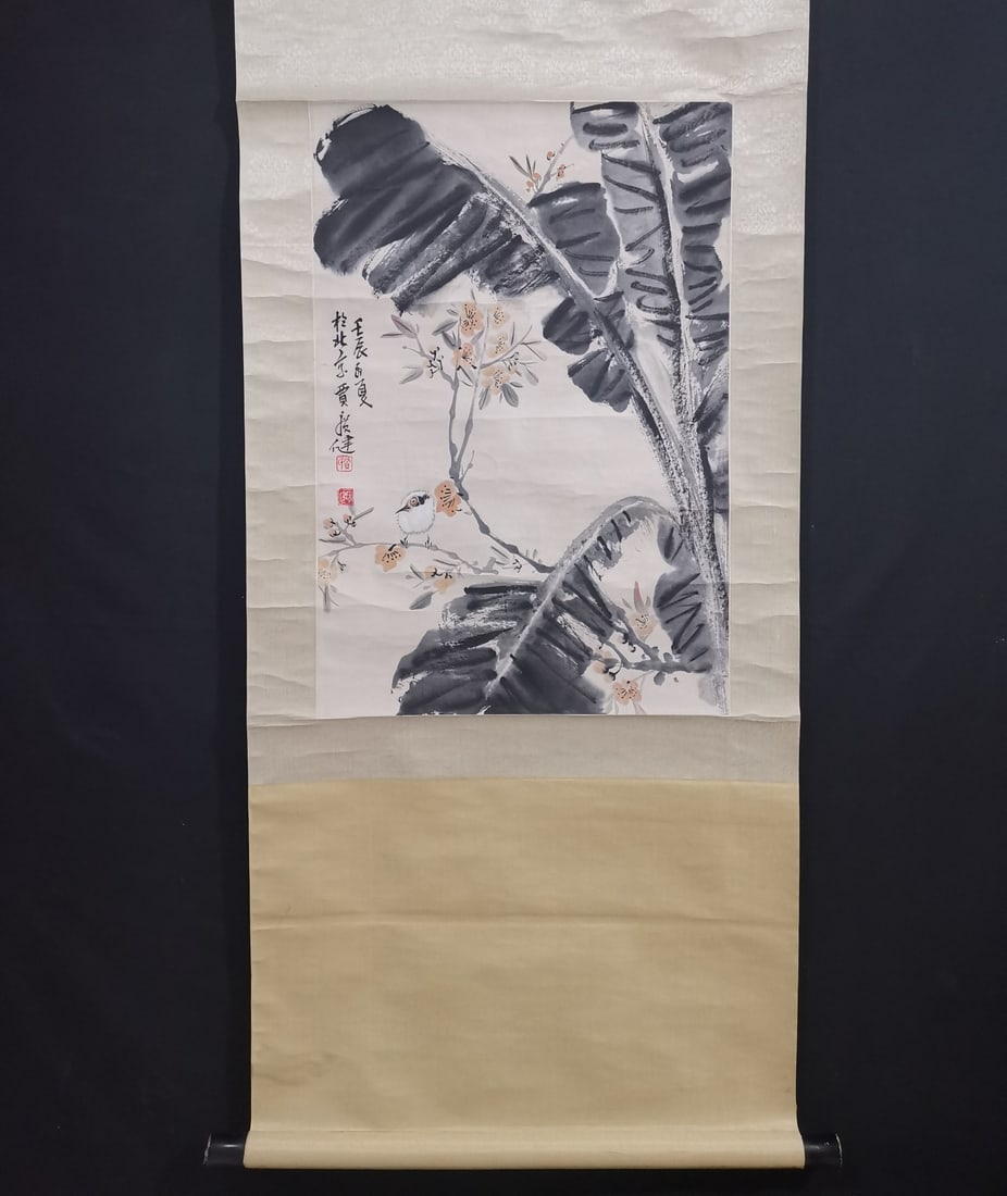 A Chinese Vertical Scroll Ink Painting of Flowers and Birds on Paper: A Chinese Vertical Scroll Ink Painting of Flowers and Birds on Paper,Modern Time of China,Jia Guangjian,Size:27.2inx18.5in 