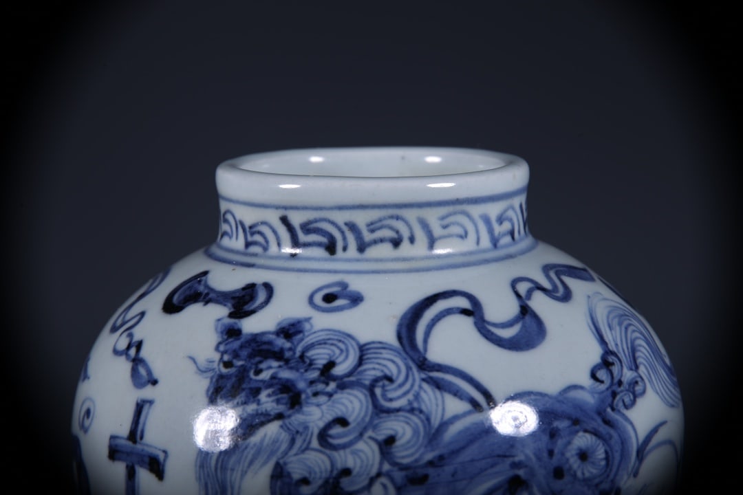 Blue and White Lion Pattern Jar - 2
