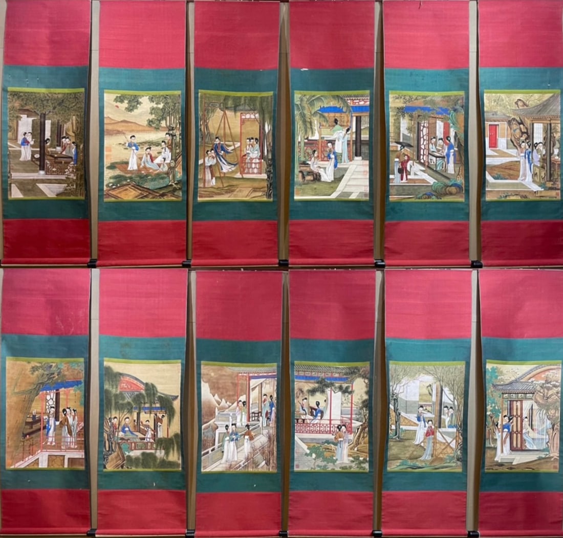 A Set of Chinese Vertical Scroll Ink Painting of Figures on Silk: A Set of Chinese Vertical Scroll Ink Painting of Figures on Silk,Ming Dynasty, China,Qiu Ying,without frame size:18.1inx24.8in 