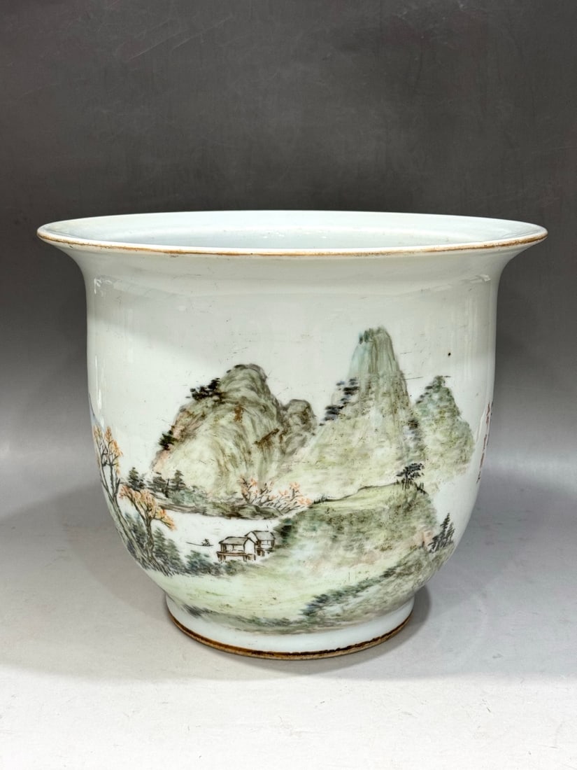 A Exquisite Famille-Rose Landscape Pattern Basin: A Exquisite Famille-Rose Landscape Pattern Basin,Qing Dynasty, China,Size:8.9in10.6in 粉彩山水纹盆,中国清代