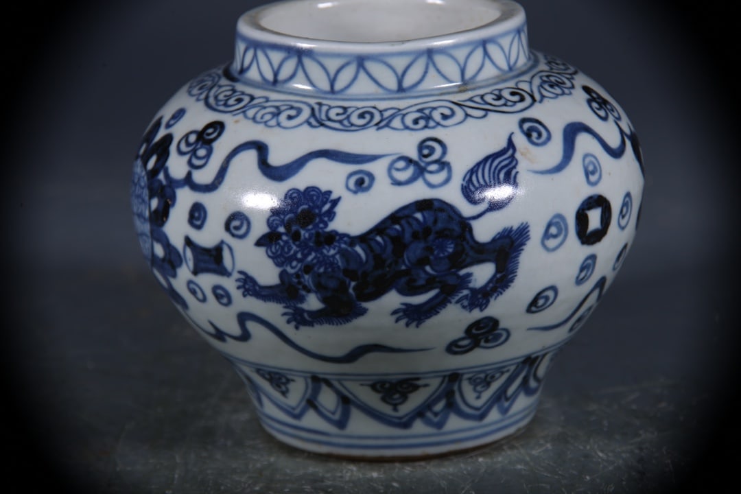 Blue and White Lion Pattern Jar - 4