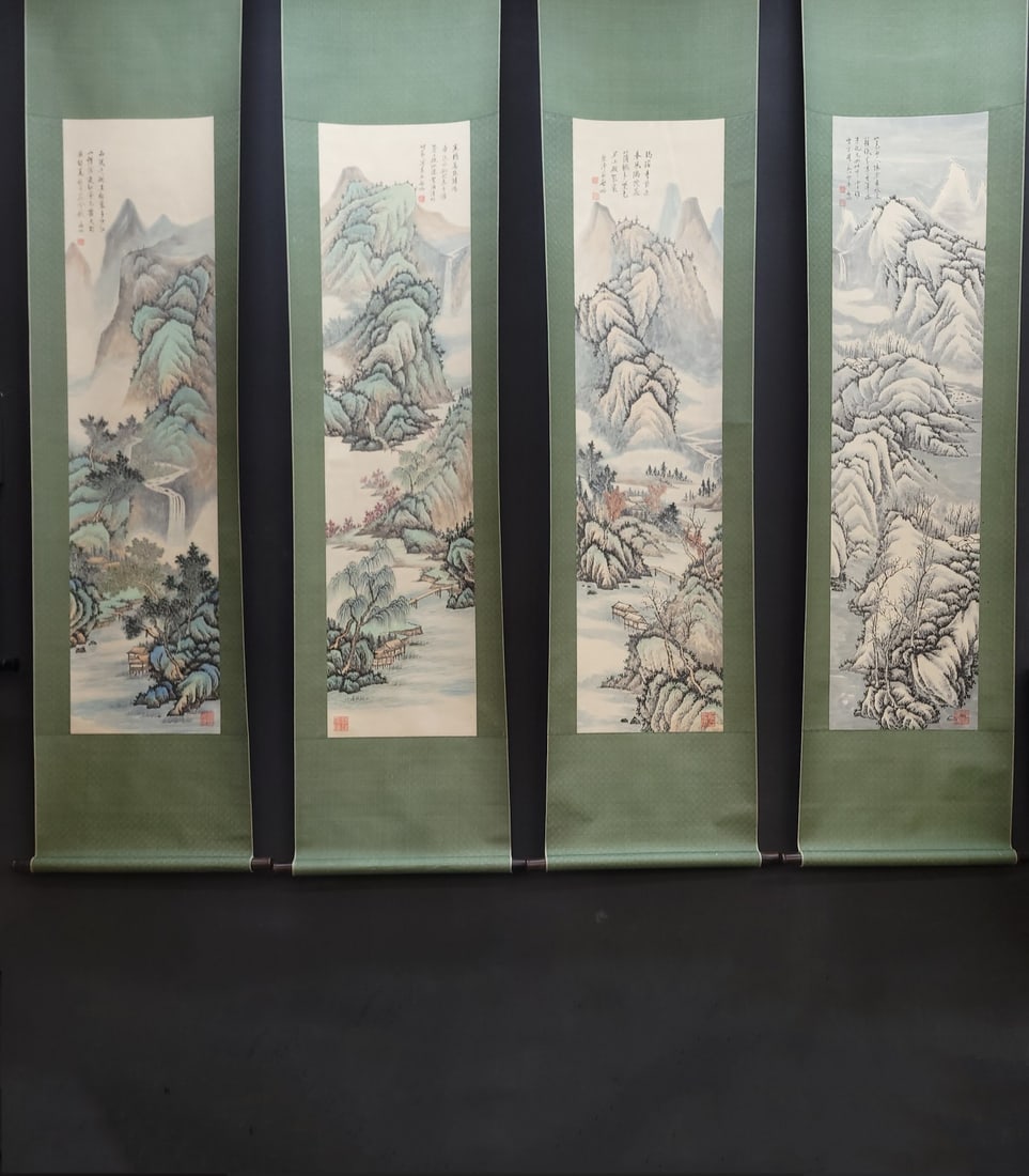 A Set of Chinese Vertical Scroll Ink Paintings of Landscape on Paper: A Set of Chinese Vertical Scroll Ink Paintings of Landscape on Paper,Modern Time of China,Qi Gong,without frame size:13.4inx54.1in 