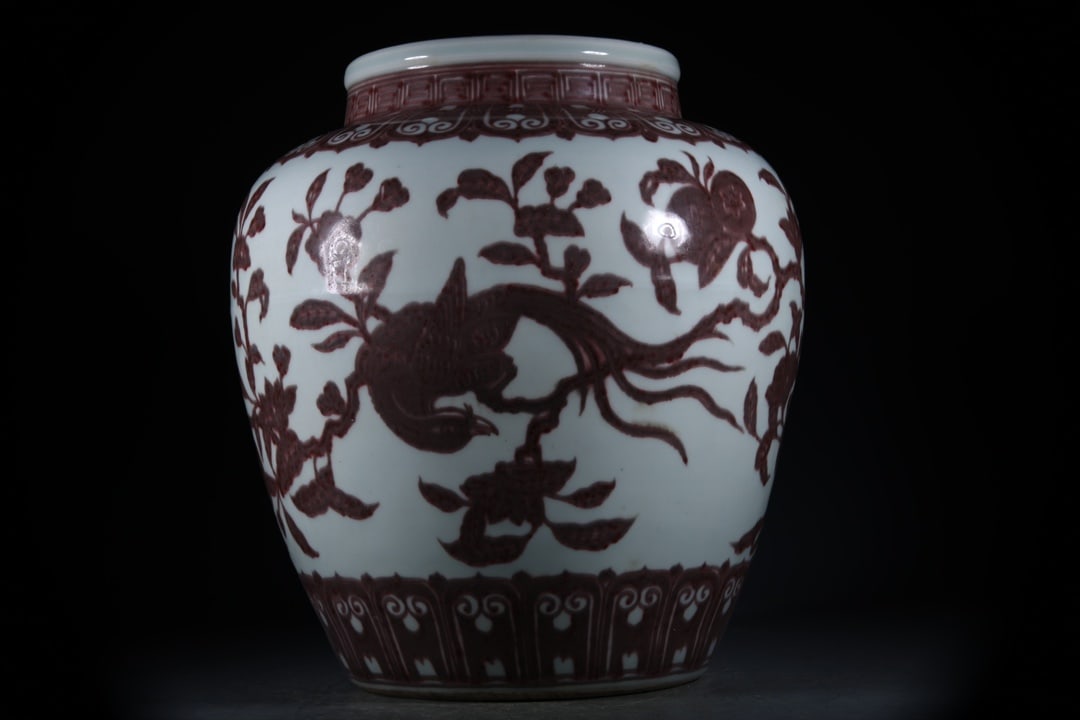 Underglaze-Red Phoenix Pomegranate Pattern Jar: Underglaze-Red Phoenix Pomegranate Pattern Jar,Ming Dynasty, China,With Mark,Size:13.8inx7.1in 