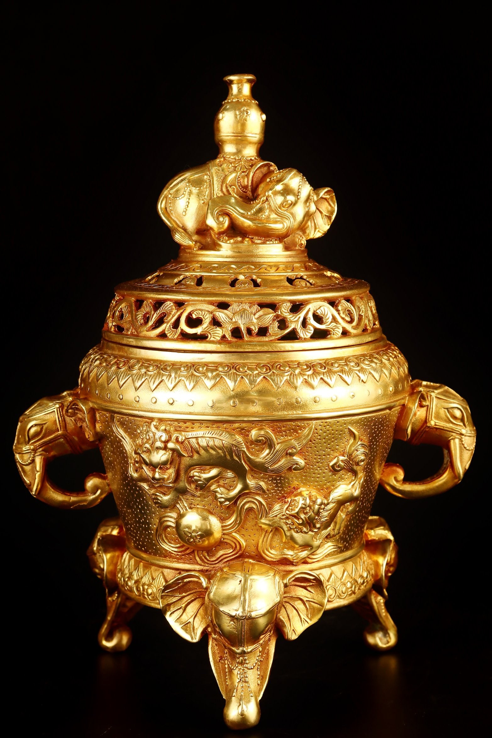 Bronze Gilt Double-Elephant-Ears Censer: Bronze Gilt Double-Elephant-Ears Censer,Ming Dynasty, China,Xuande Four-character Mark,Size:11.8inx7.9in,Weight:1769g 
