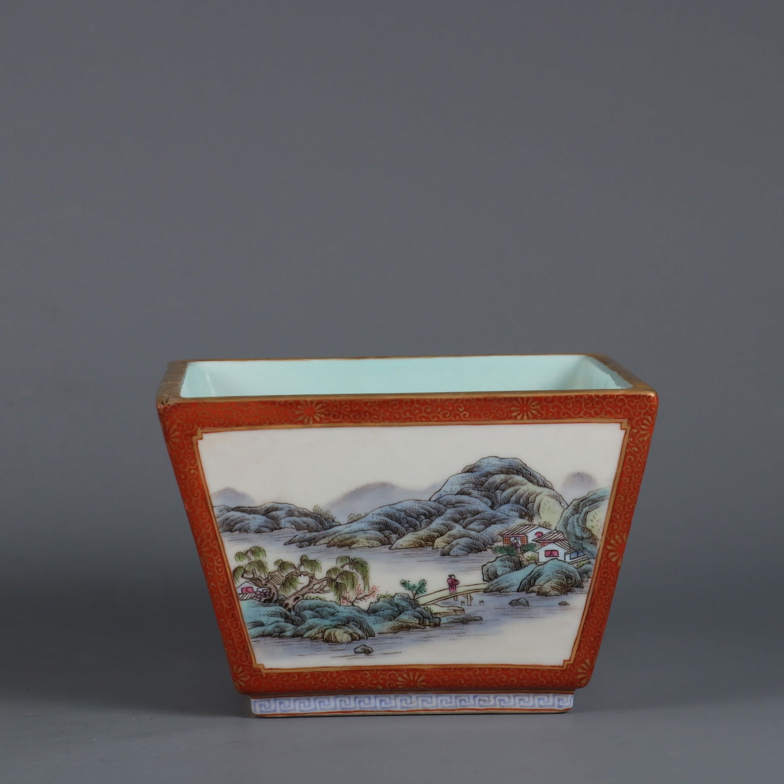 A Rare Coral Red Base Gilded Famille Rose Landscape Pattern Washer: A Rare Coral Red Base Gilded Famille Rose Landscape Pattern Washer,Qing Dynasty, China,Qianlong Six-character Mark,Size:3.2inx4.7in 