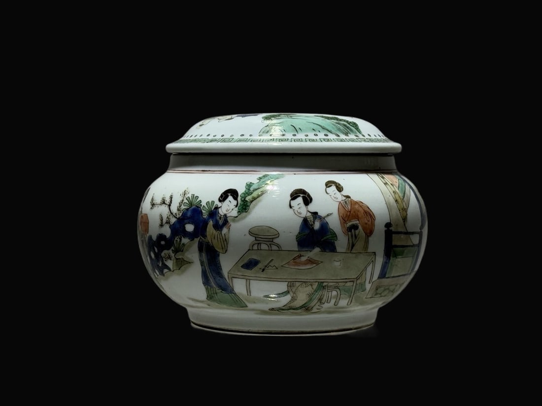 A Exquisite Wucai Character and Story Pattern Jar: A Exquisite Wucai Character and Story Pattern Jar,Qing Dynasty, China,Size:4.3inx3.7in 五彩人物故事纹罐,中国清代