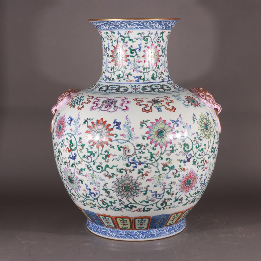 A Exquisite Blue and White Doucai Interlocking Lotus Pattern Lion-Head Vase: A Exquisite Blue and White Doucai Interlocking Lotus Pattern Lion-Head Vase,Qing Dynasty, China,Qianlong Six-character Mark,Size:24.8inx12.6inx20.1inx7.5in 