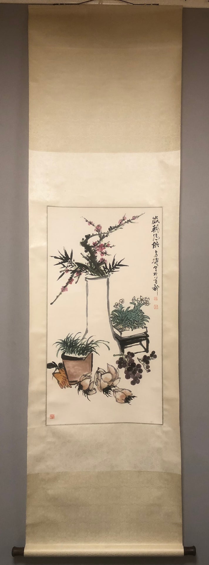 A Chinese Vertical Scroll Ink Painting of Flowers on Paper (1 of 8)