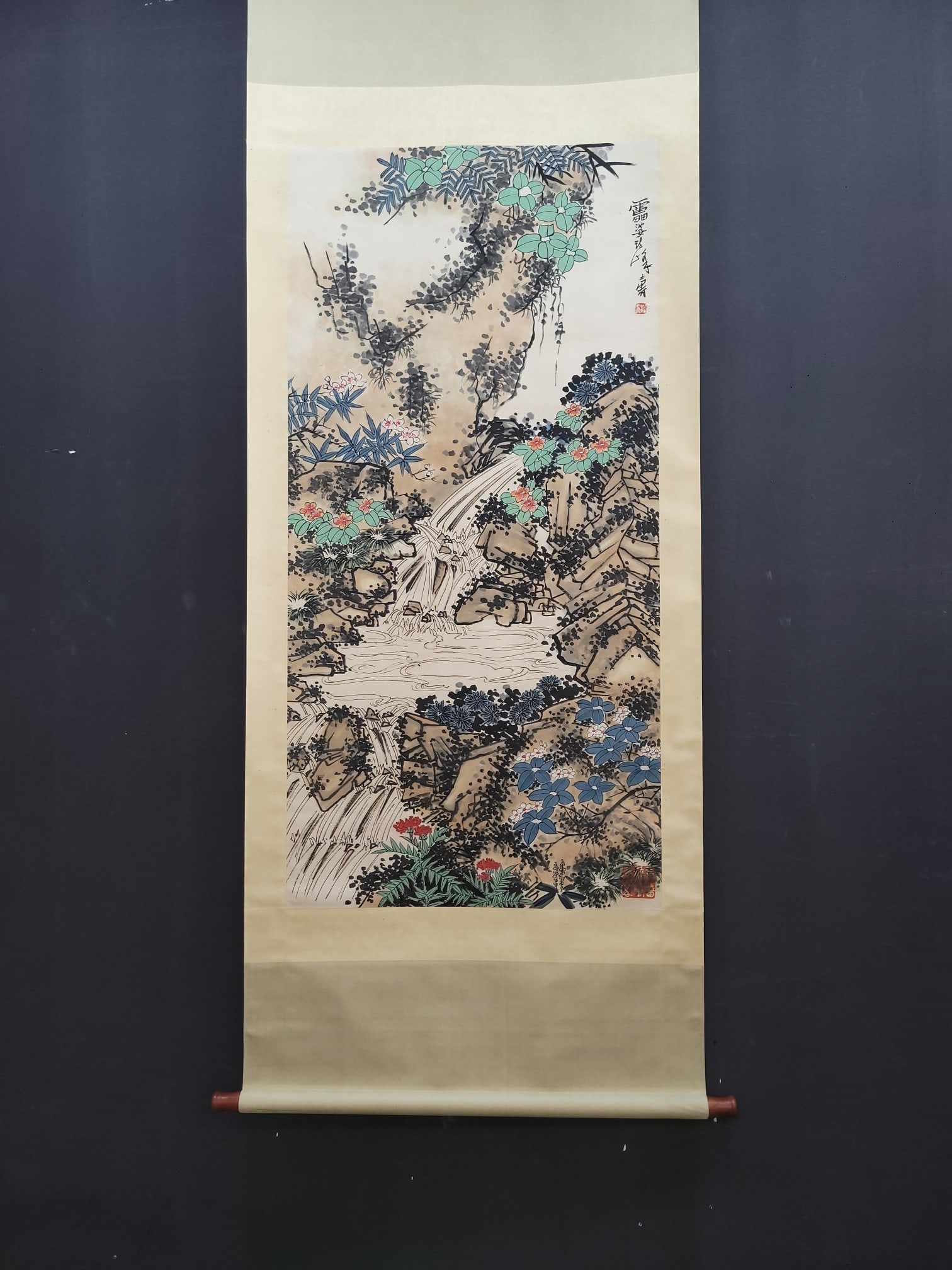 A Chinese Vertical Scroll Ink Painting of Landscape on Paper: A Chinese Vertical Scroll Ink Painting of Landscape on Paper,Modern Time of China,Pan Tianshou,without frame size:26.4inx53.9in 