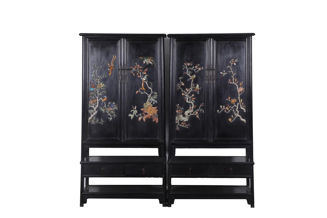 A pair of Exquisite Zitanwood Flower and Bird Pattern Cabinet: A pair of Exquisite Zitanwood Flower and Bird Pattern Cabinet,Qing Dynasty, China,Size:35.4inx16.1inx70.9in 