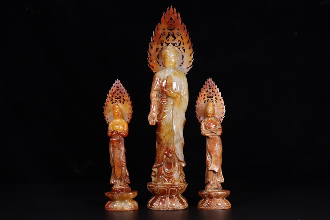 A Set of Exquisite Hetian Jade Buddha Statue Ornament: A Set of Exquisite Hetian Jade Buddha Statue Ornament,Han Dynasty, China,Size:2.8inx1.8inx12.2in,2inx1.2inx7.7in,Weight:1216g 