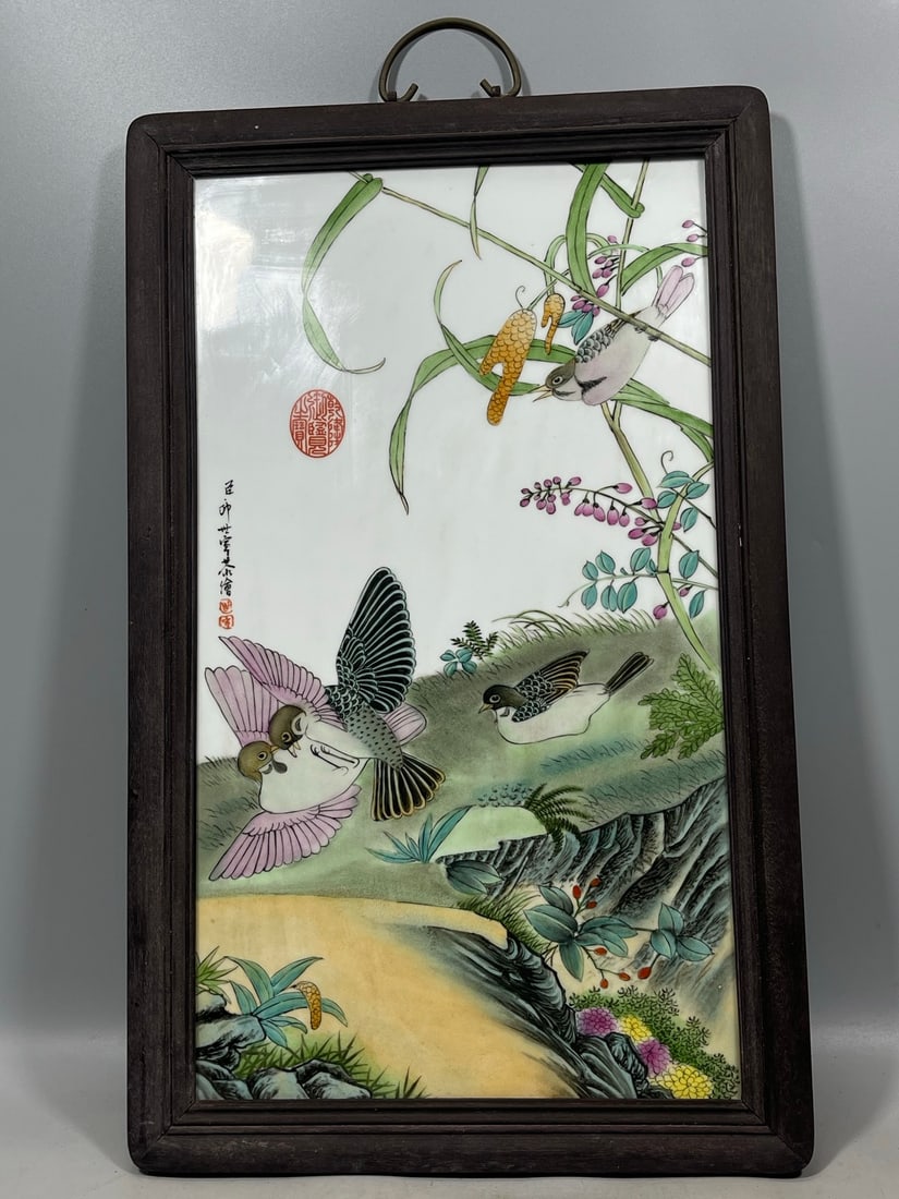 Famille-Rose Flower and Bird Pattern Porcelain Plate: Famille-Rose Flower and Bird Pattern Porcelain Plate,Republic of China,Size:24inx14.8in 粉彩花鸟纹瓷板,民国