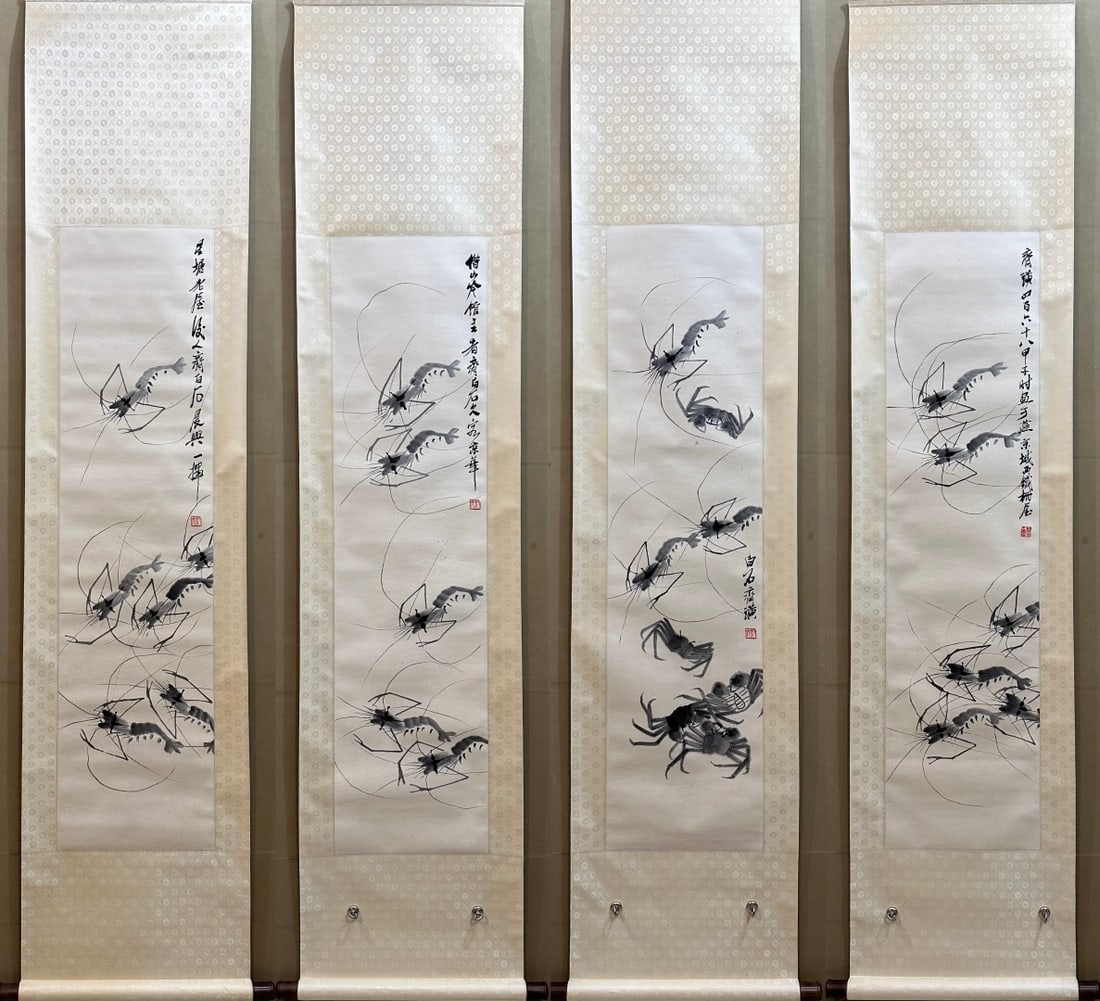 A Set of Chinese Vertical Scroll Ink Painting of Shrimp on Paper: A Set of Chinese Vertical Scroll Ink Painting of Shrimp on Paper,Modern Time of China,Qi Baishi,without frame size:13.4inx53.5in 