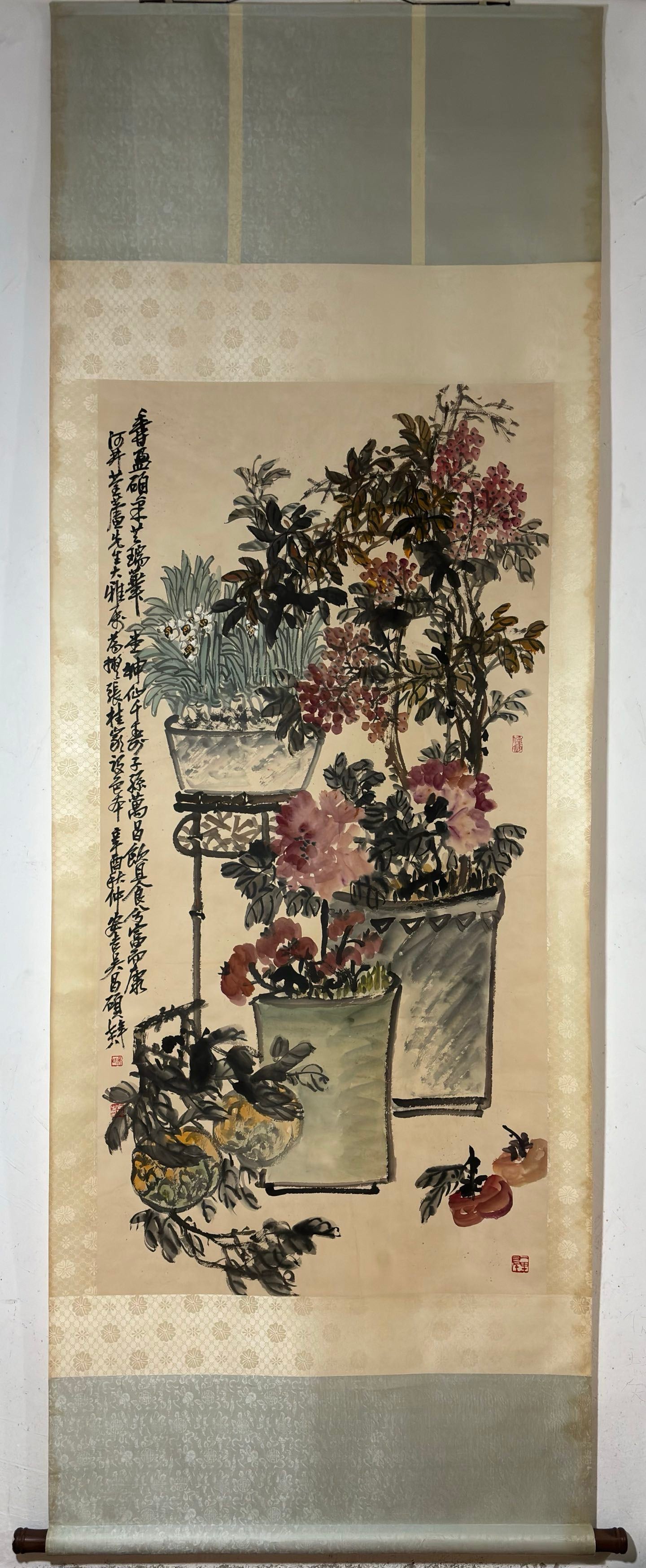 A Chinese Vertical Scroll Ink Painting of Flowers on Paper (1 of 9)