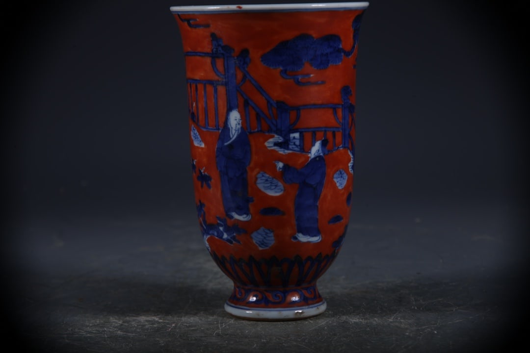 Coral Red Ground Blue and White Figures Pattern Cup: Coral Red Ground Blue and White Figures Pattern Cup,Ming Dynasty, China,Longqing Six-character Mark,Size:5.7inx3.7in 