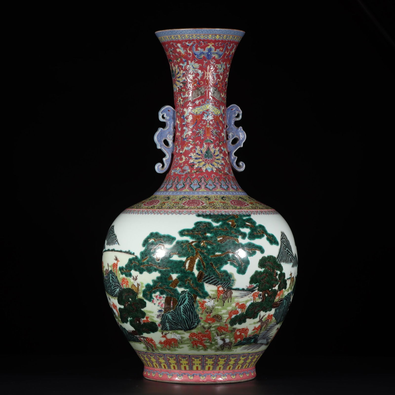 A Exquisite Famille-Rose Ruby Red Deer Pattern Double-Ears Vase: A Exquisite Famille-Rose Ruby Red Deer Pattern Double-Ears Vase,Qing Dynasty, China,Qianlong Six-character Mark,Size:30.9inx8inx10in 