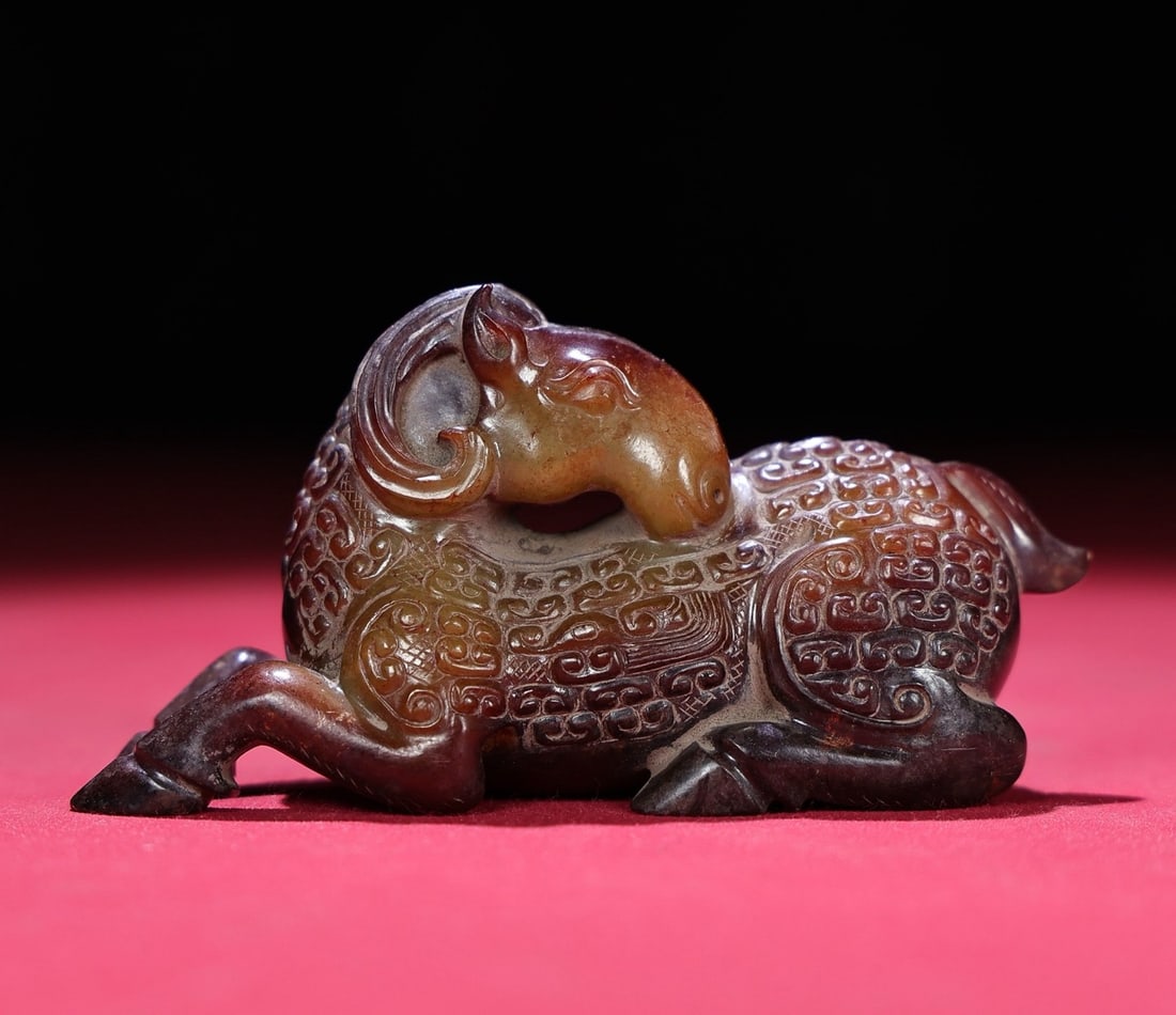 A Exquisite Hetian Jade Sheep Handheld Ornament: A Exquisite Hetian Jade Sheep Handheld Ornament,Han Dynasty, China,Size:3.9inx1.4inx1.9in,Weight:170g 和田玉羊手把件,中国汉代