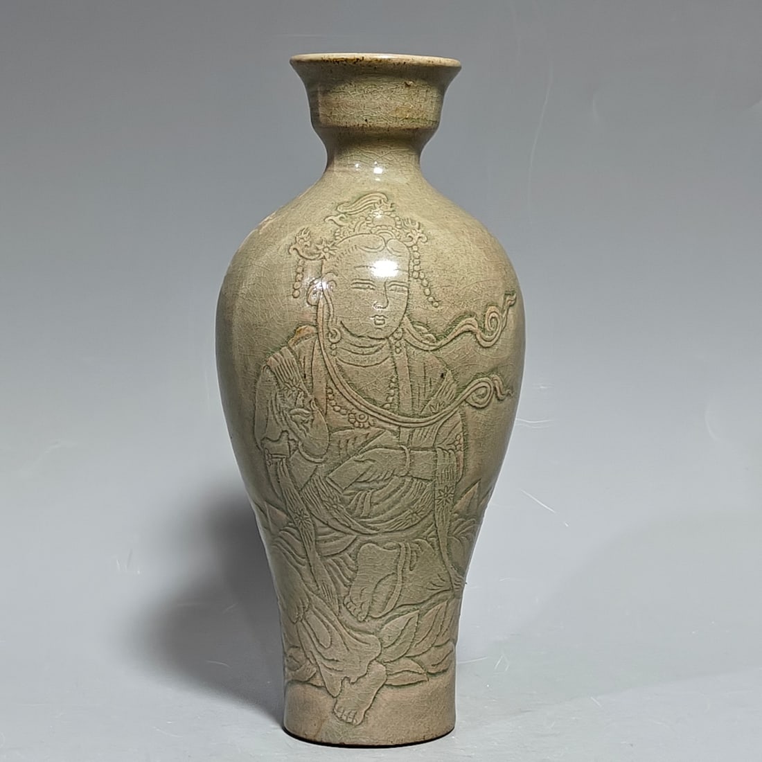 A Exquisite Yue yao Porcelain Auspicious Vase: A Exquisite Yue yao Porcelain Auspicious Vase,Song Dynasty, China,Size:10.6inx4.3in 越窑吉祥瓶,中国宋代