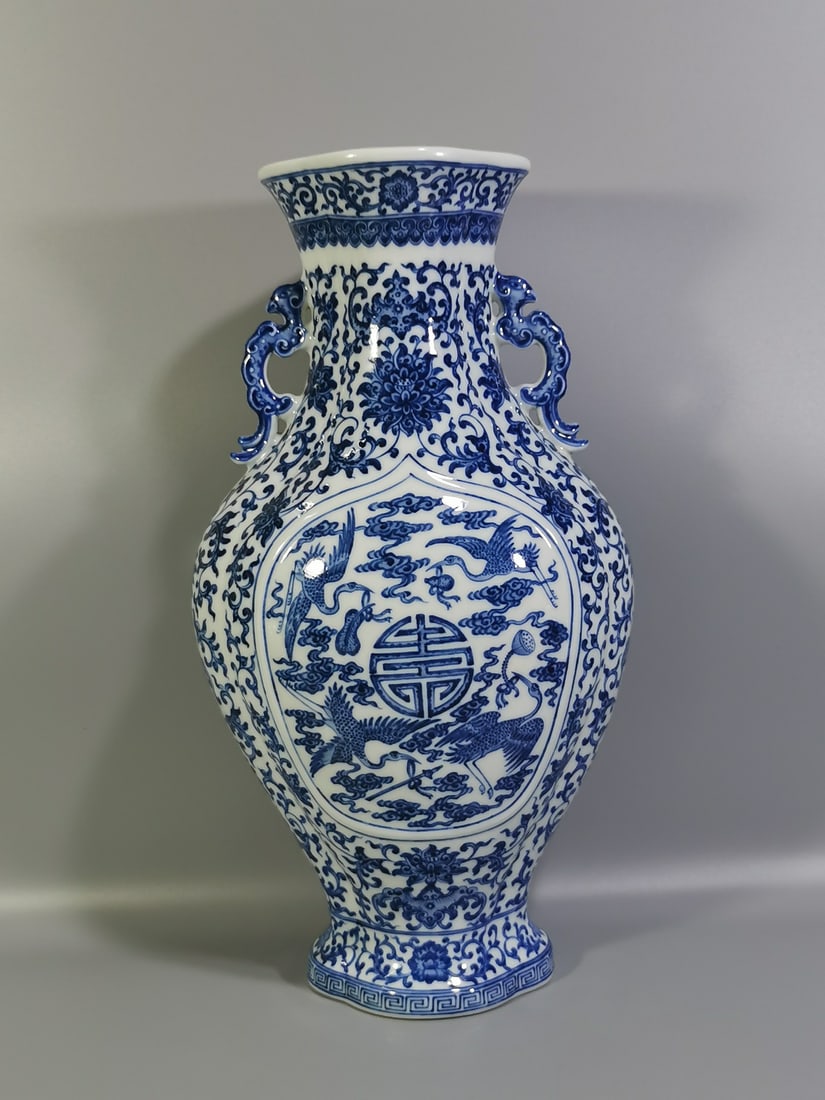 A Exquisite Blue and White Lotus Crane Pattern Vase: A Exquisite Blue and White Lotus Crane Pattern Vase,Qing Dynasty, China,Yongzheng Six-character Mark,Size: 15.4inx8.2in 