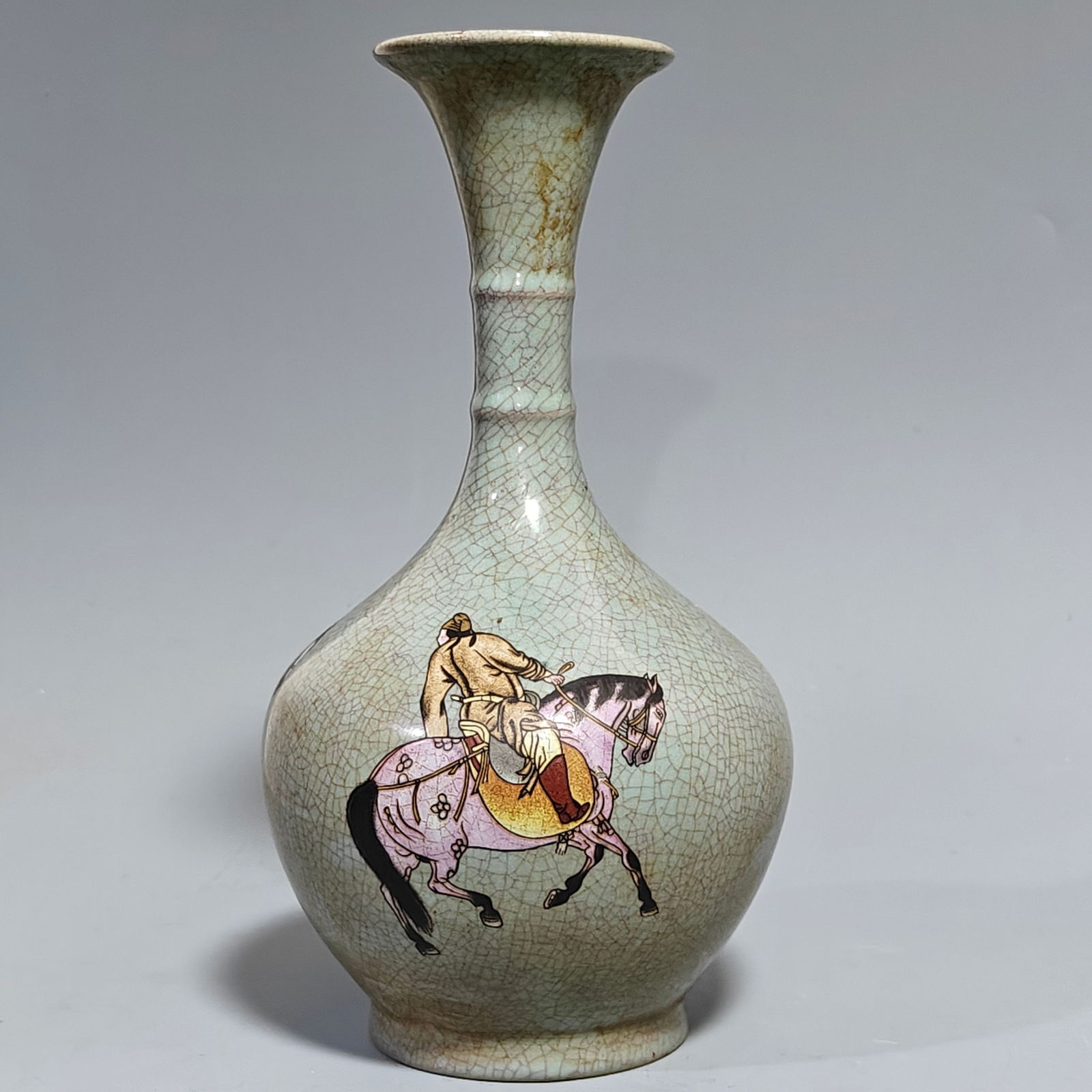 A Exquisite Ru yao Porcelain Painted Color Figures Pattern Vase: A Exquisite Ru yao Porcelain Painted Color Figures Pattern Vase,Song Dynasty, China,With Mark,Size:11inx5.1in 