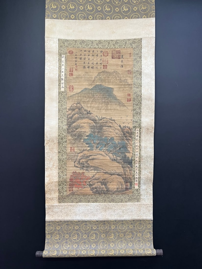 A Chinese Vertical Scroll Ink Painting of Landscape on Paper: A Chinese Vertical Scroll Ink Painting of Landscape on Paper,Song Dynasty, China,Xia Gui,without frame size:16.1inx35.4in 