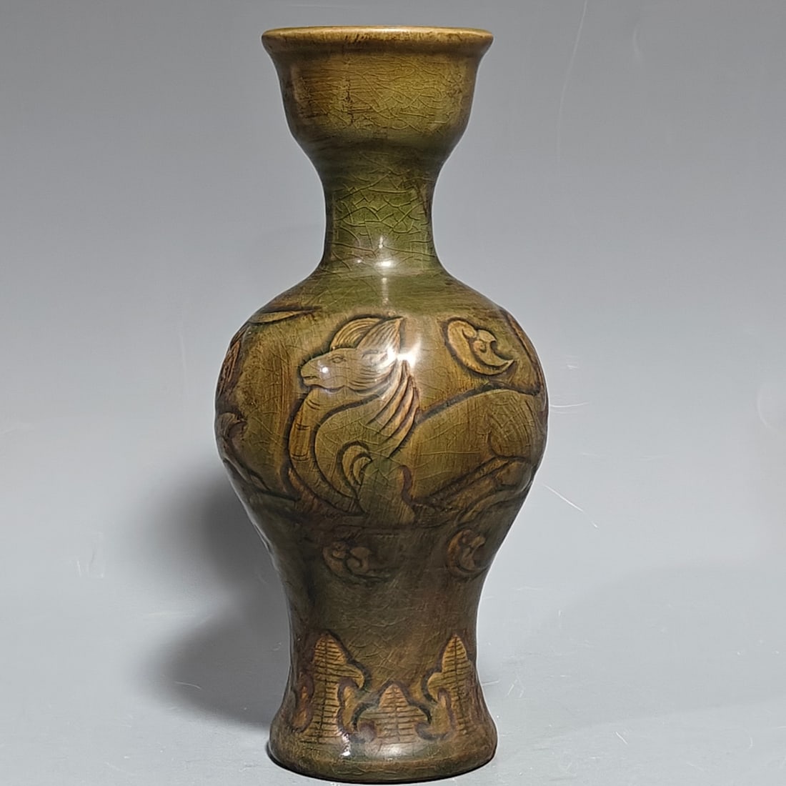 A Exquisite Yue yao Porcelain Auspicious Vase: A Exquisite Yue yao Porcelain Auspicious Vase,Song Dynasty, China,Size:10.2inx4.9in 越窑吉祥瓶,中国宋代