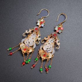 A pair of Exquisite Cloisonne Inlaid Hetian Jade Earrings