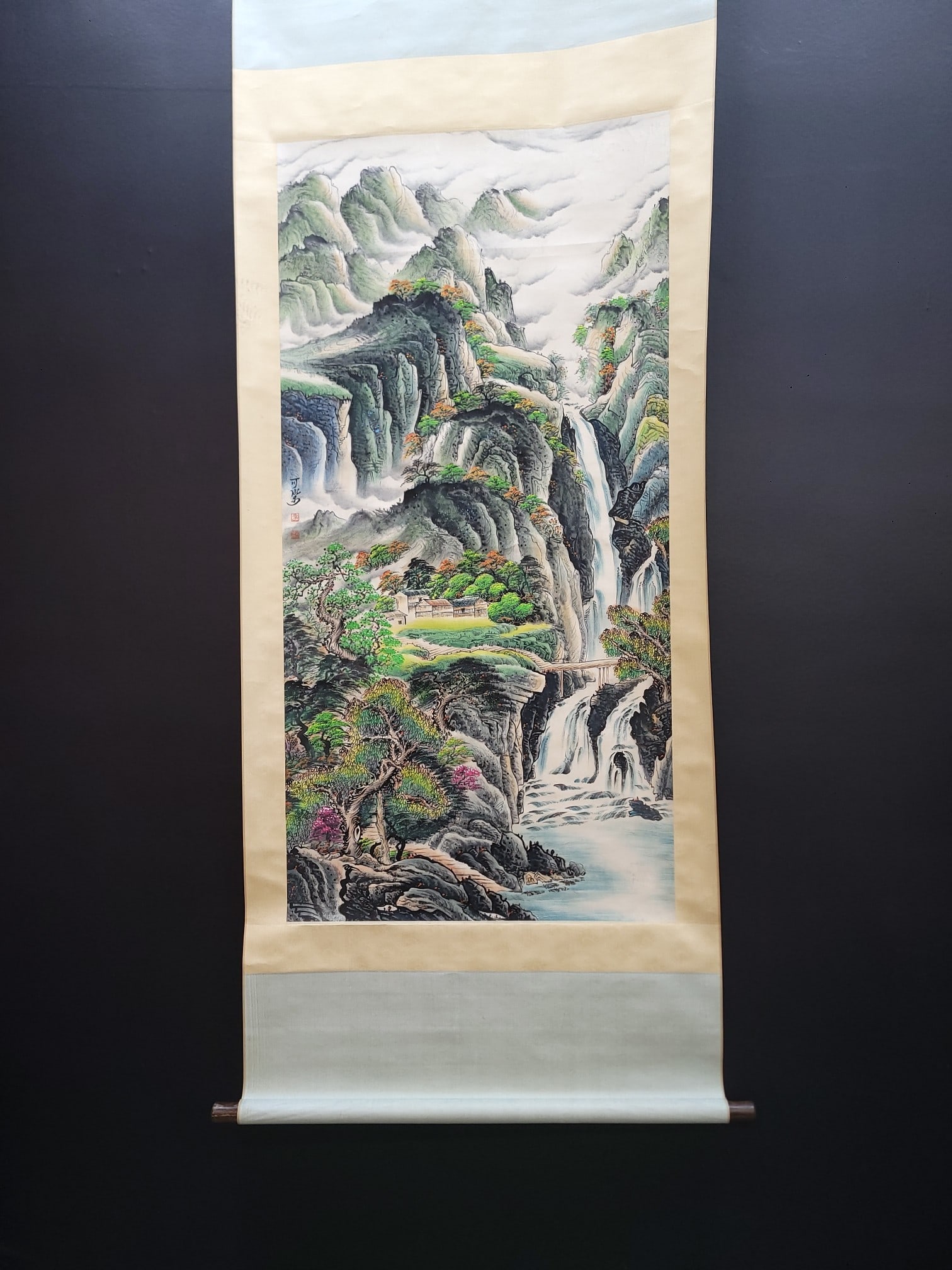 A Chinese Vertical Scroll Ink Painting of Landscape on Paper: A Chinese Vertical Scroll Ink Painting of Landscape on Paper,Modern Time of China,Li Keran,without frame size:24.8inx53.9in 