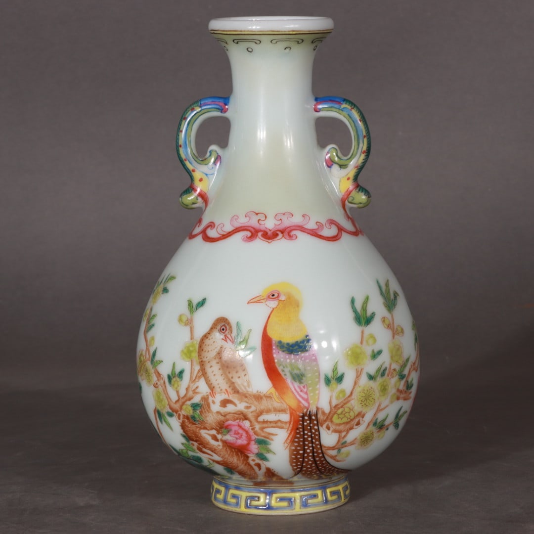 A Exquisite Famille-Rose Flower and Bird Pattern Double-Ears Vase: A Exquisite Famille-Rose Flower and Bird Pattern Double-Ears Vase,Qing Dynasty, China,Qianlong Four-character Mark,Size:6.7inx1.6inx3.9inx1.8in 