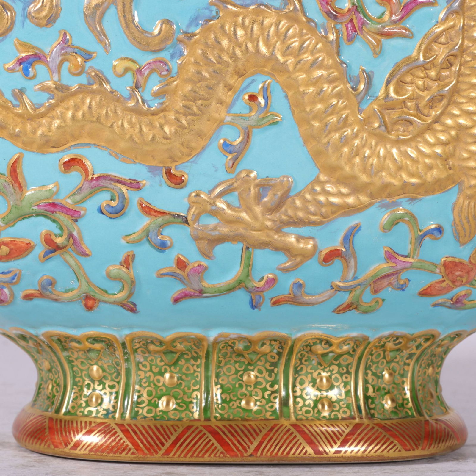 A Rare Enamel Turquoise Ground Painted Gold Lotus,Dragon and Phoenix Pattern Dragon-Ears Vase - 7