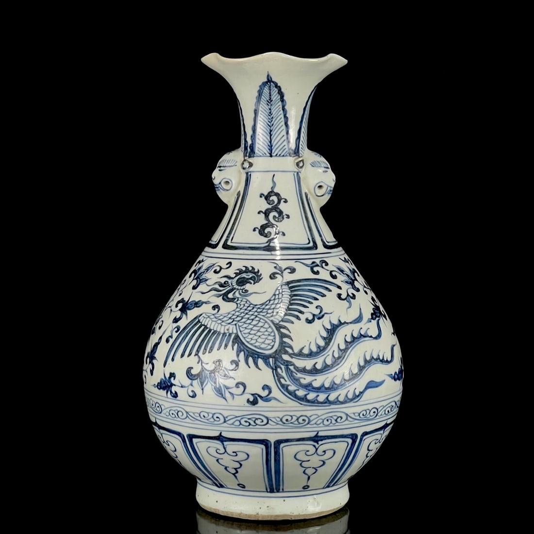 A Rare Blue and White Lotus,Kylin and Phoenix Pattern Beast-Ears Vase: A Rare Blue and White Lotus,Kylin and Phoenix Pattern Beast-Ears Vase,Yuan Dynasty, China,Size:13.8inx7.1in 青花缠枝莲麒麟凤纹兽耳