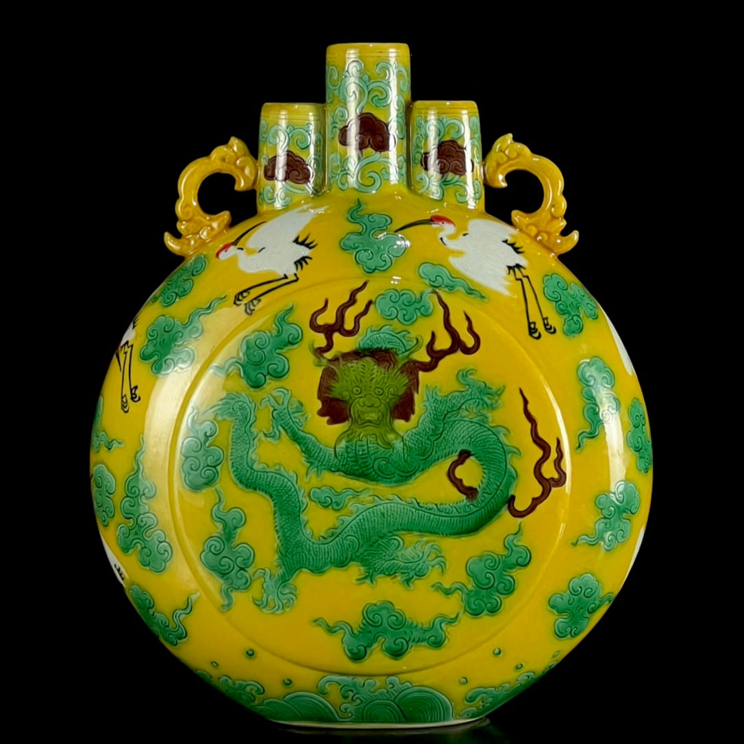 An Exquisite Biscuit Auspicious Cloud,Crane and Dragon Pattern Double-Ears Vase: An Exquisite Biscuit Auspicious Cloud,Crane and Dragon Pattern Double-Ears Vase,Qing Dynasty, China,Yongzheng Six-character Mark,Size:10inx8.1in 