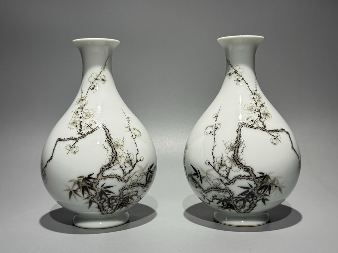 A Pair of Exquisite Ink Color Plum Blossom and Bamboo Pattern Vases,With Poem (1 of 9)