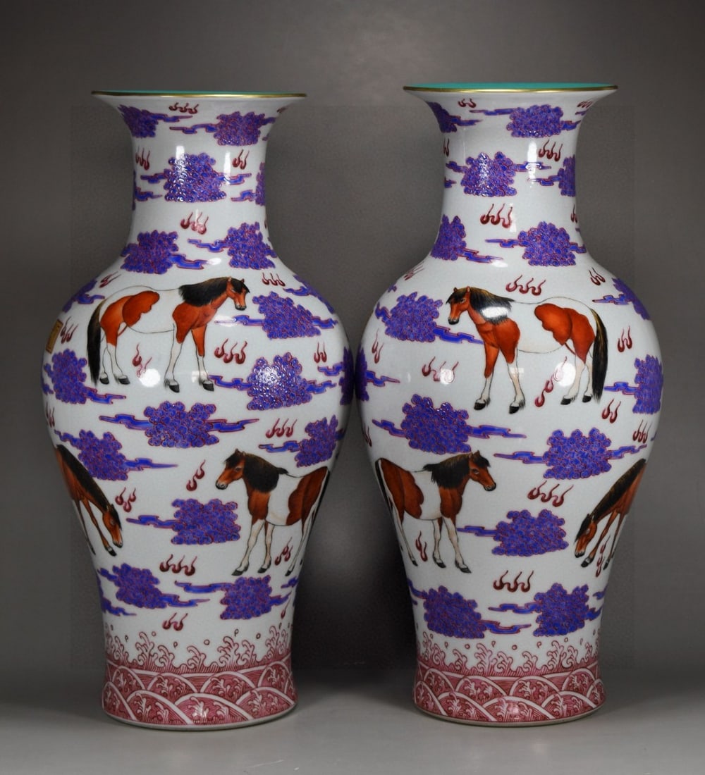 A Pair of Huge Enamel Painted Gold Auspicious Cloud and Horse Pattern Vases: A Pair of Huge Enamel Painted Gold Auspicious Cloud and Horse Pattern Vases,Qing Dynasty, China,Qianlong Six-character Mark,Size:17.7inx9.8in 一对珐琅彩描金&#