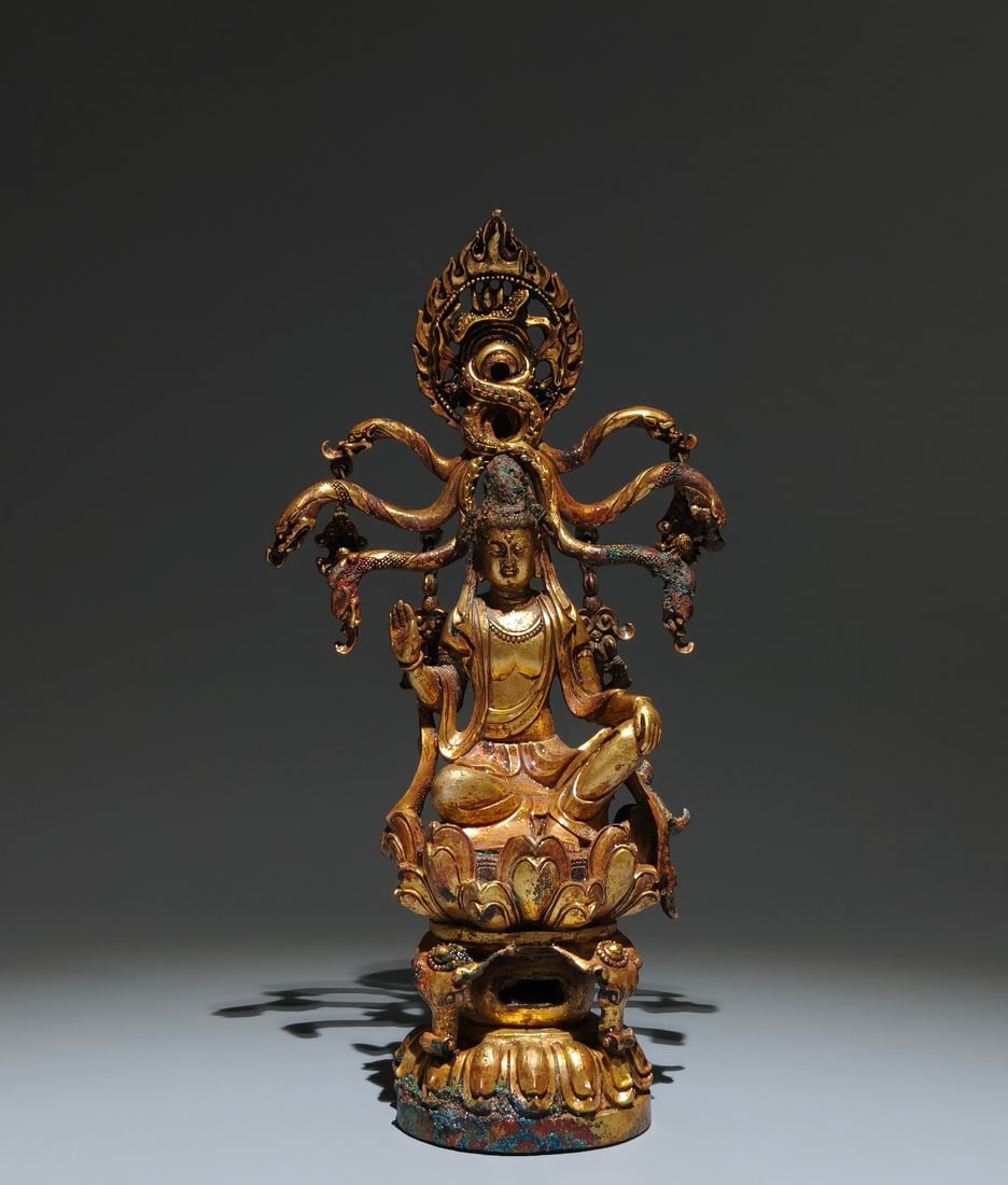 A Solemn Gilt Bronze Buddha Statue,With Inscription: A Solemn Gilt Bronze Buddha Statue,With Inscription,Tang Dynasty, China,Size:11inx5.9inx2.8in 铜鎏金佛像,带铭文,中国唐代