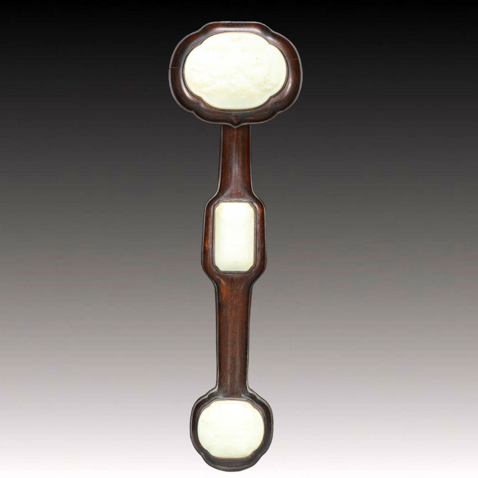 A Huge Zitanwood Inlaid White Jade Ruyi,with poem: A Huge Zitanwood Inlaid White Jade Ruyi,with poem,Qing Dynasty, China,Size:5.1inx18.1in,Weight:800g 