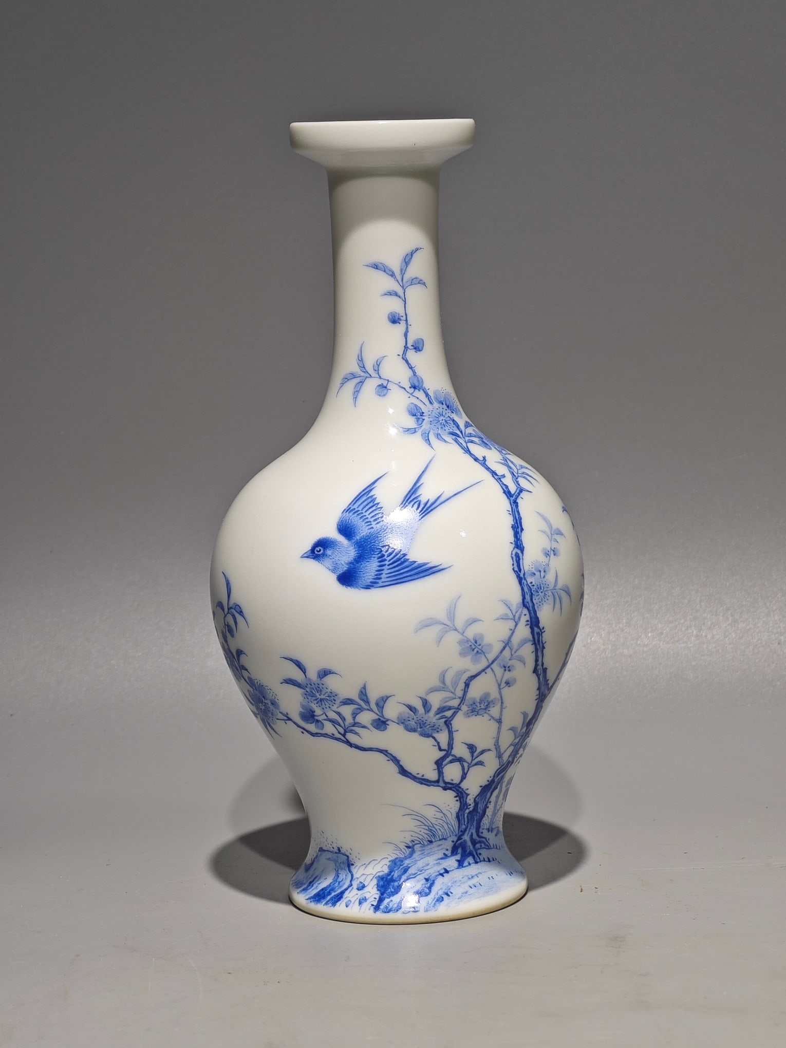 An Exquisite Blue Color Flower and Bird Pattern Vase,With Poem: An Exquisite Blue Color Flower and Bird Pattern Vase,With Poem,Qing Dynasty,China,Yongzheng Four-character Mark,Size:7.2inx3.5in 