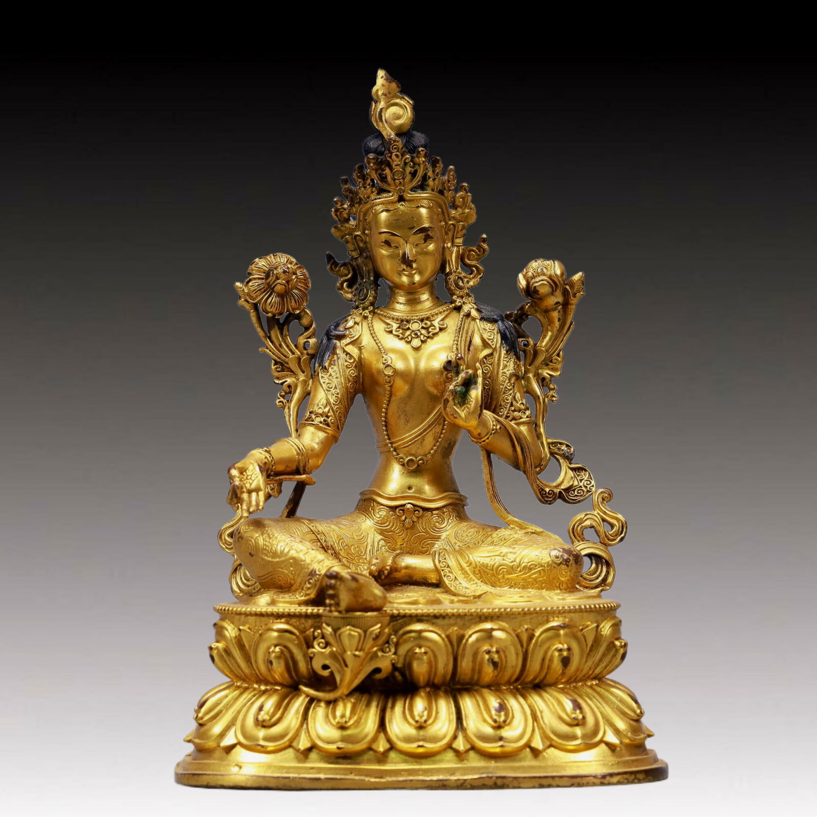 A Solemn Gilt Bronze Green Statue of Tara (1 of 9)
