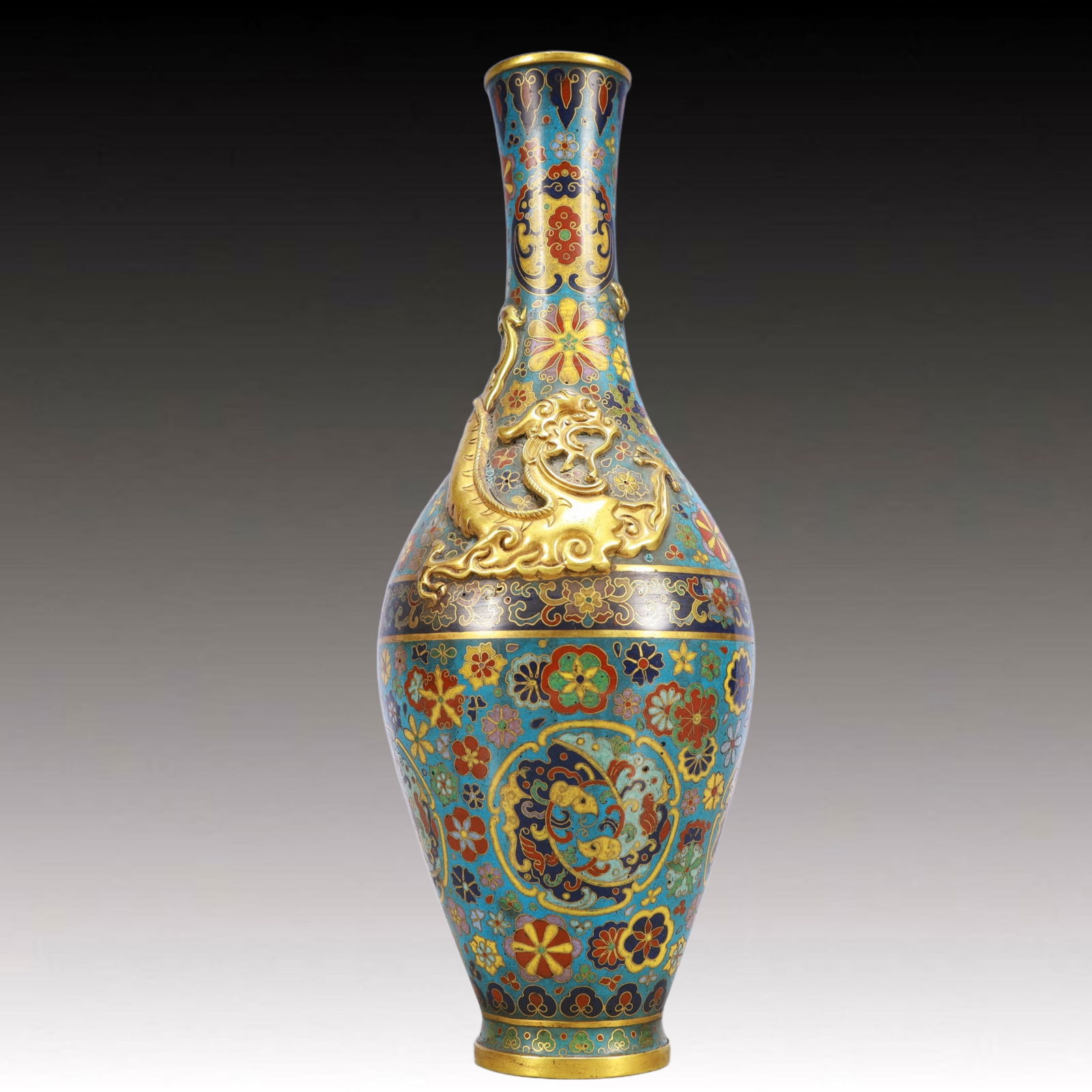 An Exquisite Cloisonne Chi-Dragon and Flower Pattern Vase: An Exquisite Cloisonne Chi-Dragon and Flower Pattern Vase,Qing Dynasty, China,Qianlong Four-character Mark,Size:4.3inx12.2in,Weight:1100g 景泰蓝螭龙花卉ಬ