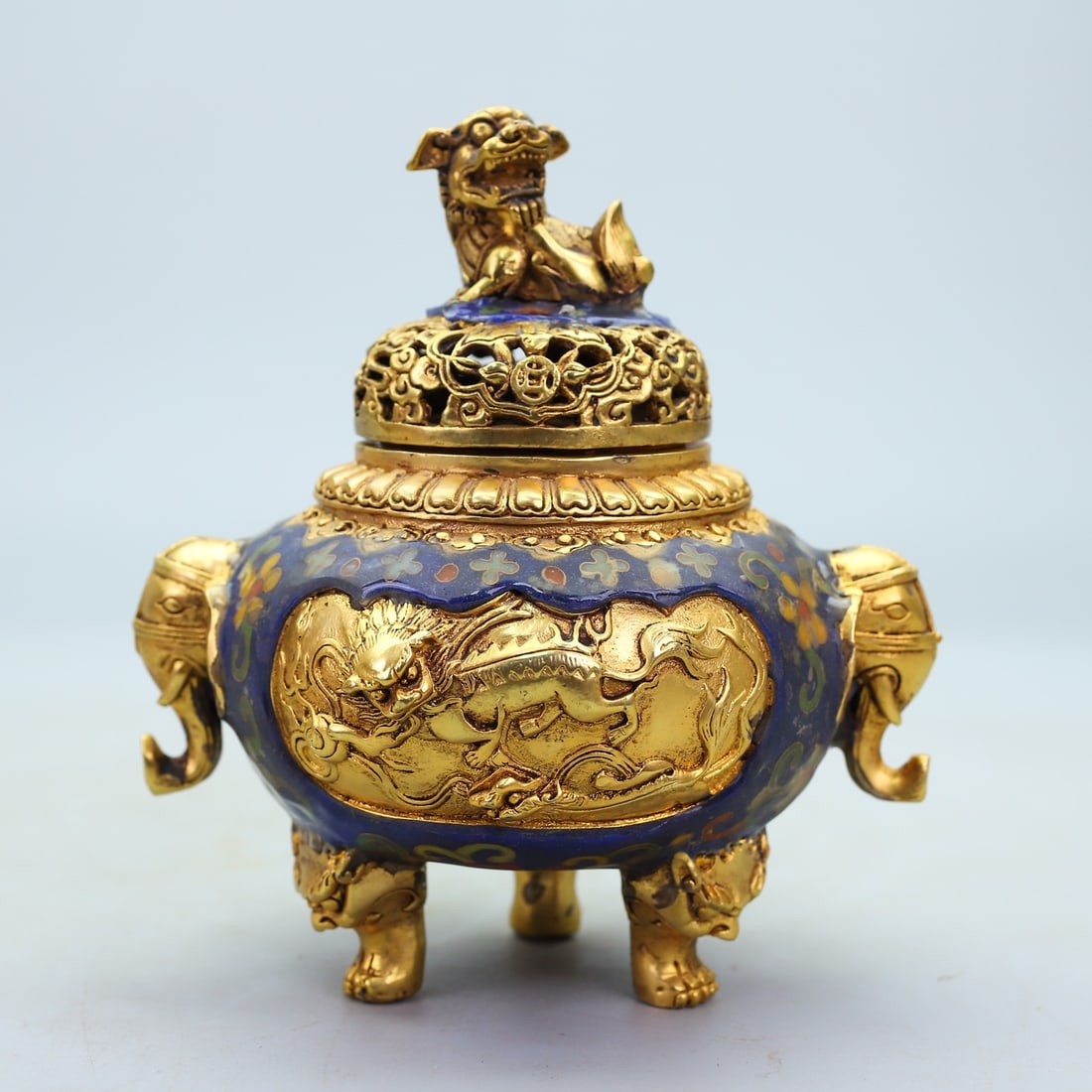 An Exquisite Gilt Bronze Inlaid Cloisonne Auspicious Beast Pattern Hollow Elephant-Ears Tripod (1 of 10)