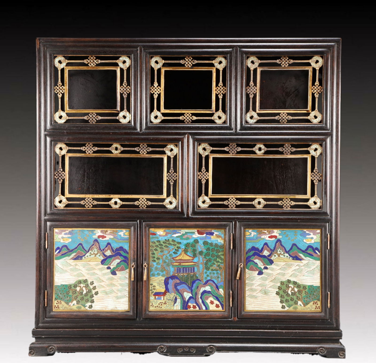 A Monumental Zitanwood Landscape Pattern Cabinet: A Monumental Zitanwood Landscape Pattern Cabinet,Qing Dynasty, China,Size:22inx7.7inx22.4in Weight:24000g 紫檀山水纹柜,中国清代