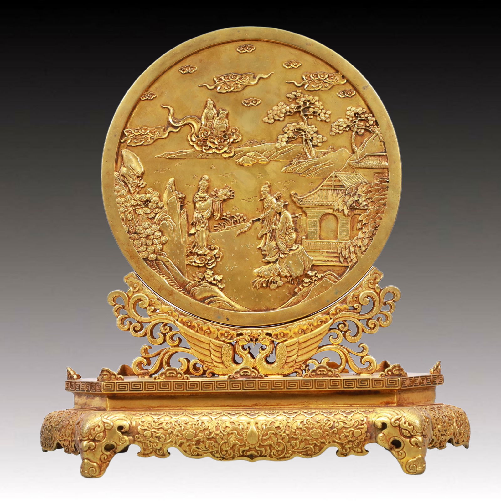A Rare Gilt Bronze Figure Pattern Table Screen: A Rare Gilt Bronze Figure Pattern Table Screen,Qing Dynasty, China,Qianlong Six-character Mark,Size:12.2inx7.1inx13in,Weight:5850g 铜鎏金人物纹台屏,