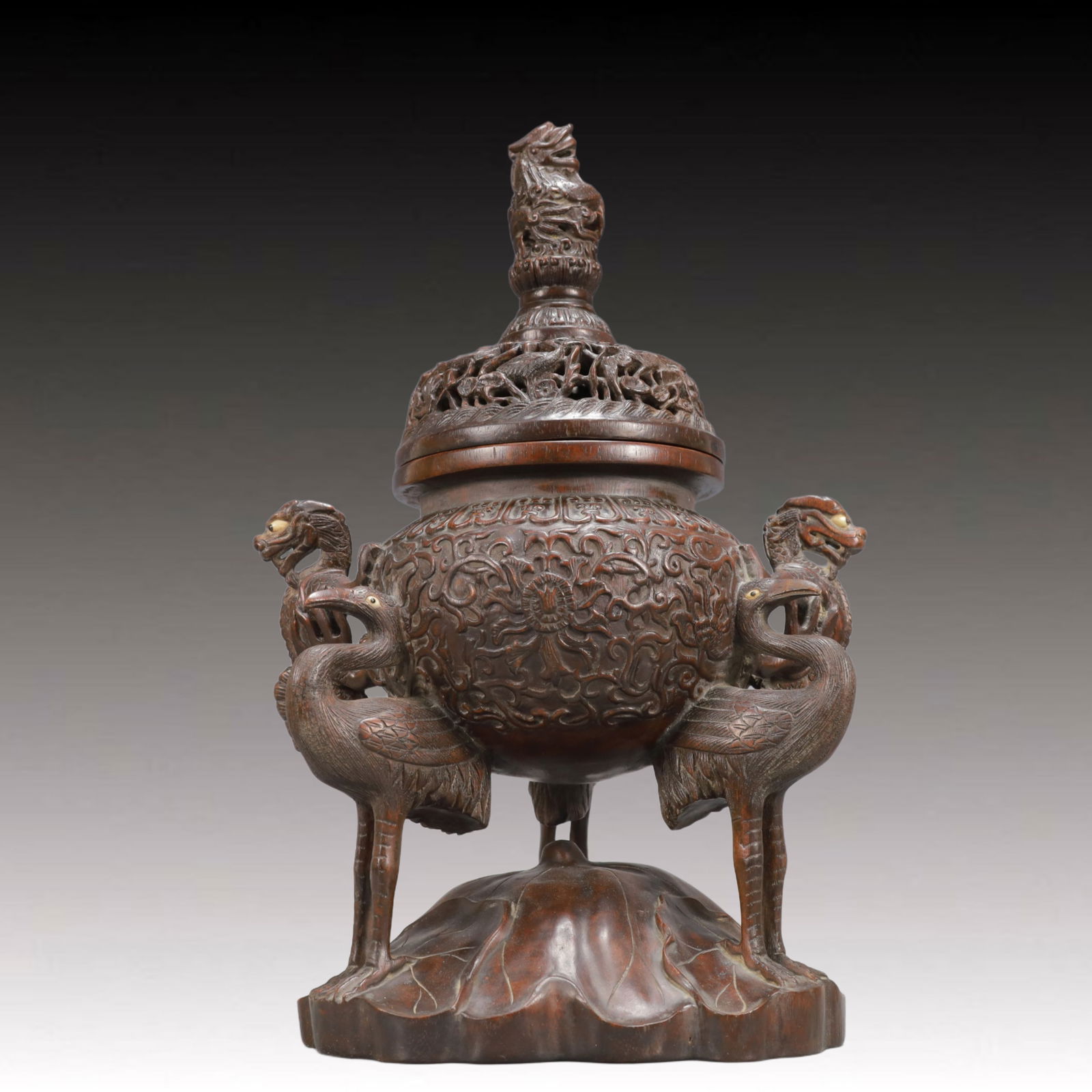 A Exquisite Eaglewood Flower and Bird Pattern Double-Ears and Tripod Censer: A Exquisite Eaglewood Flower and Bird Pattern Double-Ears and Tripod Censer Qing Dynasty, China ,Size:10.2inx15.6in Weight:1100g 