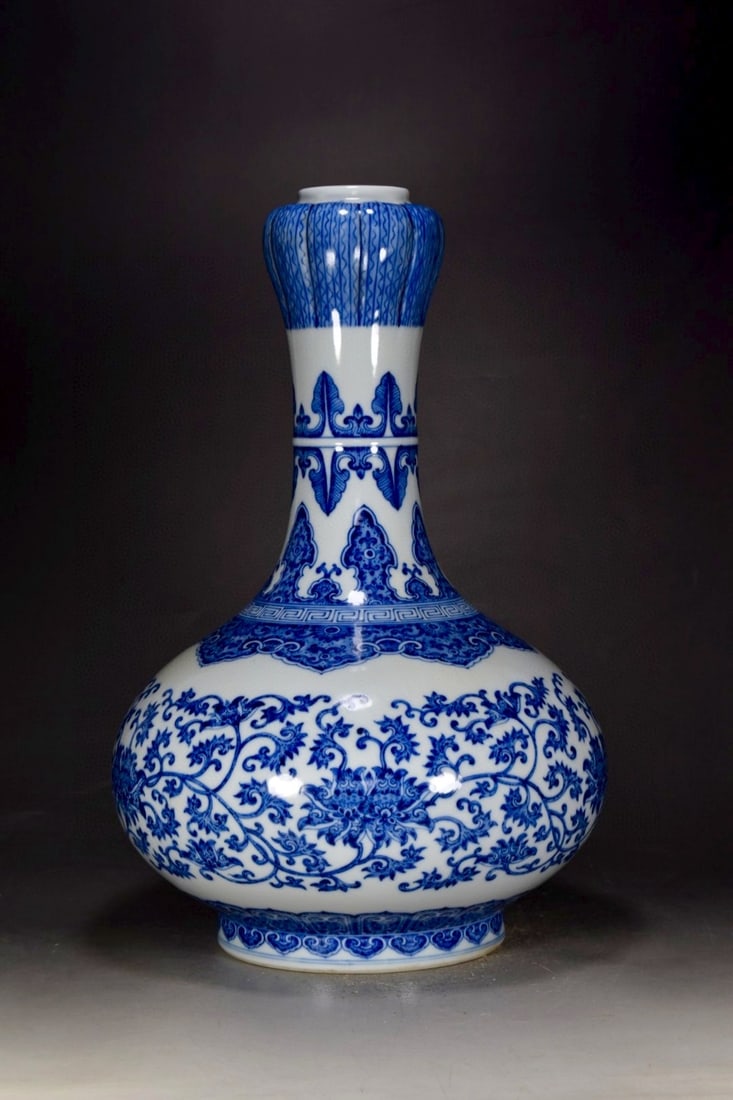 A Huge Guan yao Blue and White Lotus Pattern Vase: A Huge Guan yao Blue and White Lotus Pattern Vase,Qing Dynasty, China,Qianlong Six-character Mark,Size:15.7inx10.6in 