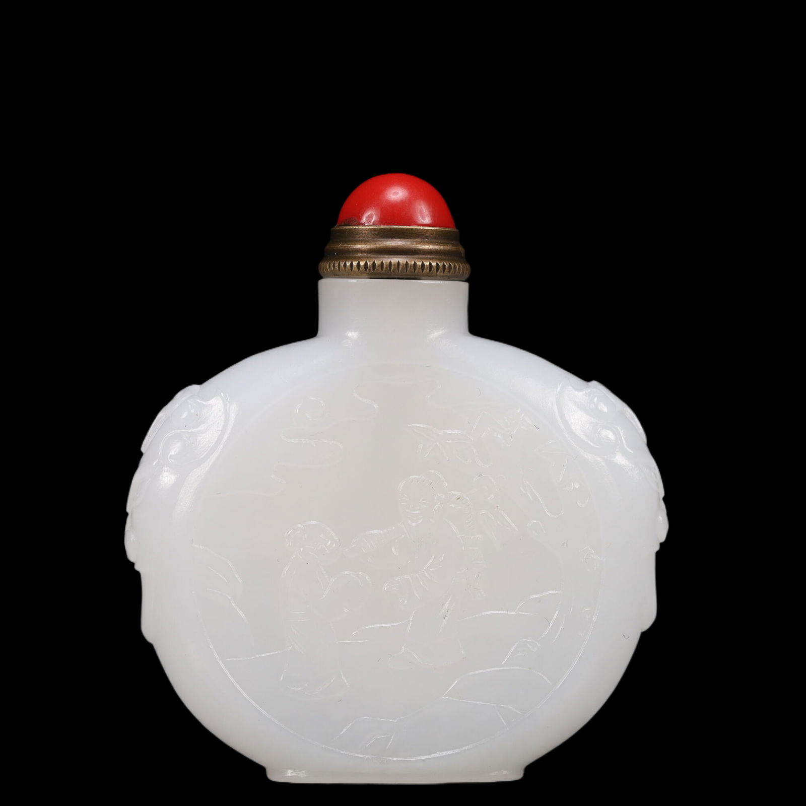 An Exquisite White Jade Figure Pattern Snuff Bottle, Inlaid Gems, with poem: An Exquisite White Jade Figure Pattern Snuff Bottle, Inlaid Gems, with poem, Qing Dynasty, China, Size:2inx0.6inx2.4in, Weight:70g 精美的白玉人物纹Ɨ