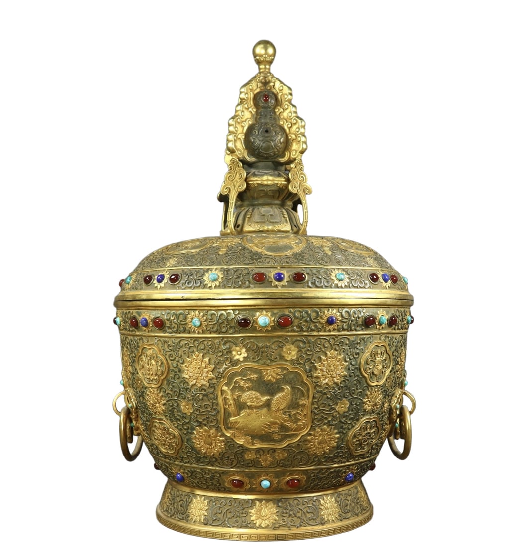 A Huge Gilt Bronze Eight Treasures,Flower and Bird Pattern Cover Jar,Inlaid Gems (1 of 9)