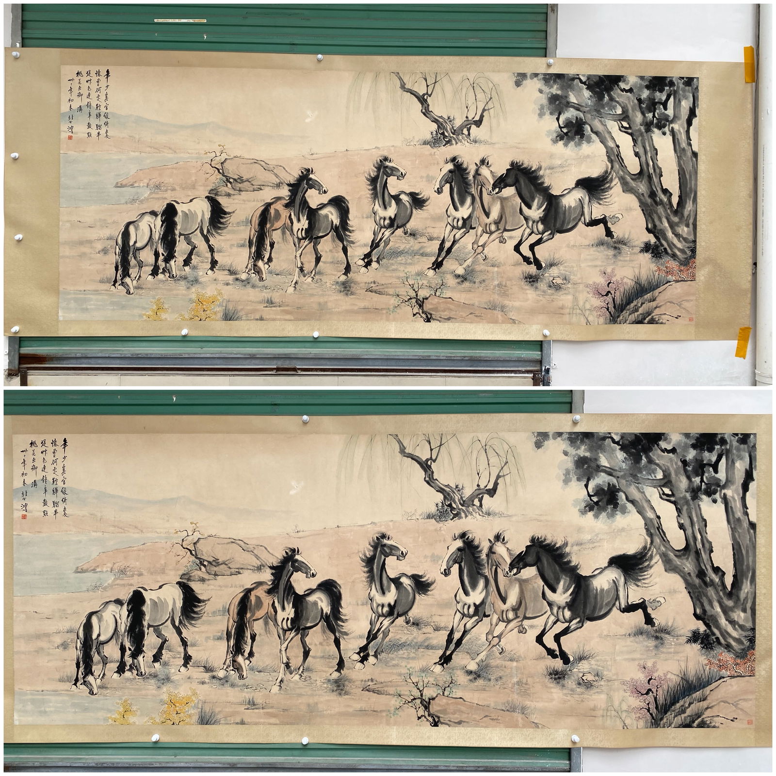 A Pair of Chinese Ink Painting of Horse on Paper,Xu Beihong: A Pair of Chinese Ink Painting of Horse on Paper,Xu Beihong,Size:55.1inx137.8in*2 一对中国水墨骏马图,徐悲鸿
